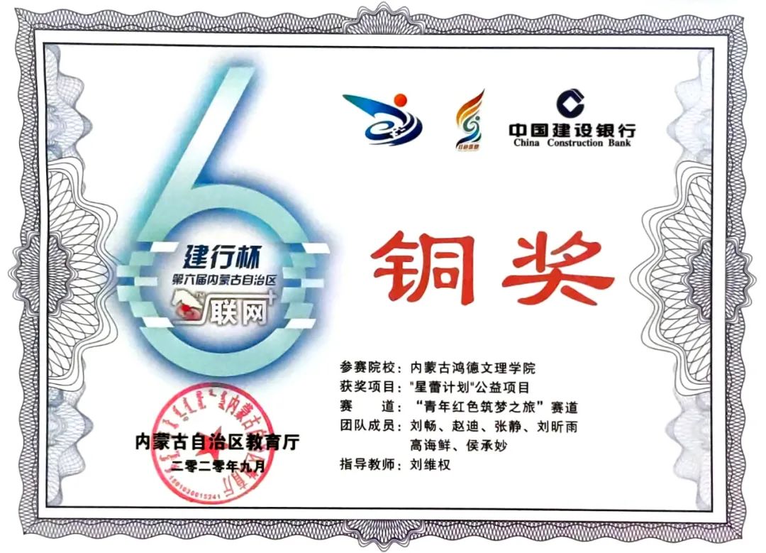【喜報】恭喜我院《“星蕾計劃”公益項目》榮獲第六屆內(nèi)蒙古自治區(qū)“互聯(lián)網(wǎng)+”大學(xué)生創(chuàng)新創(chuàng)業(yè)大賽銅獎,實現(xiàn)學(xué)院雙創(chuàng)工作的新突破!